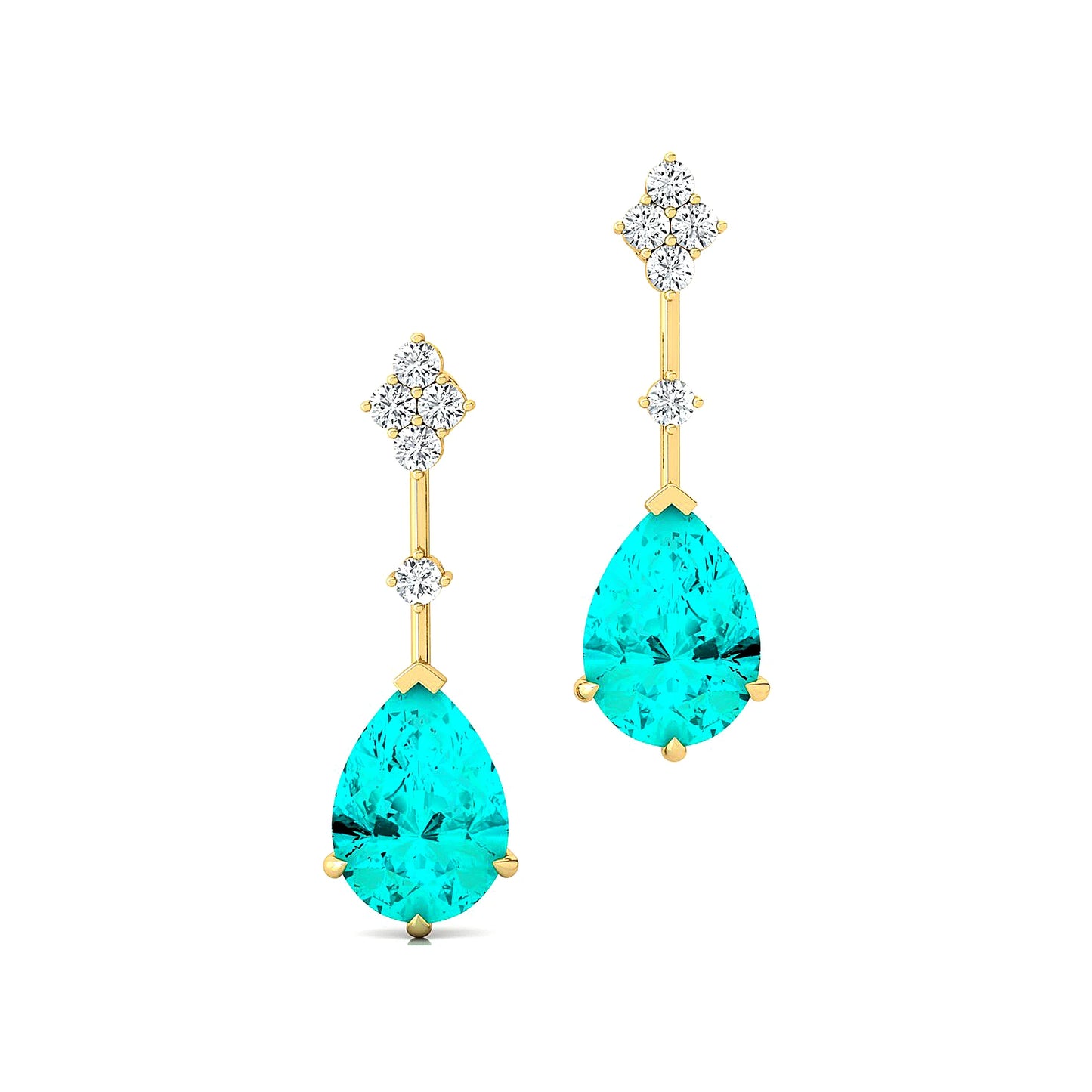 18k Solid Gold Lab Grown Paraiba Tourmaline Gemstone Real Certified Diamonds Rhodium Plated Luxurious Cute Tear Drop Earrings