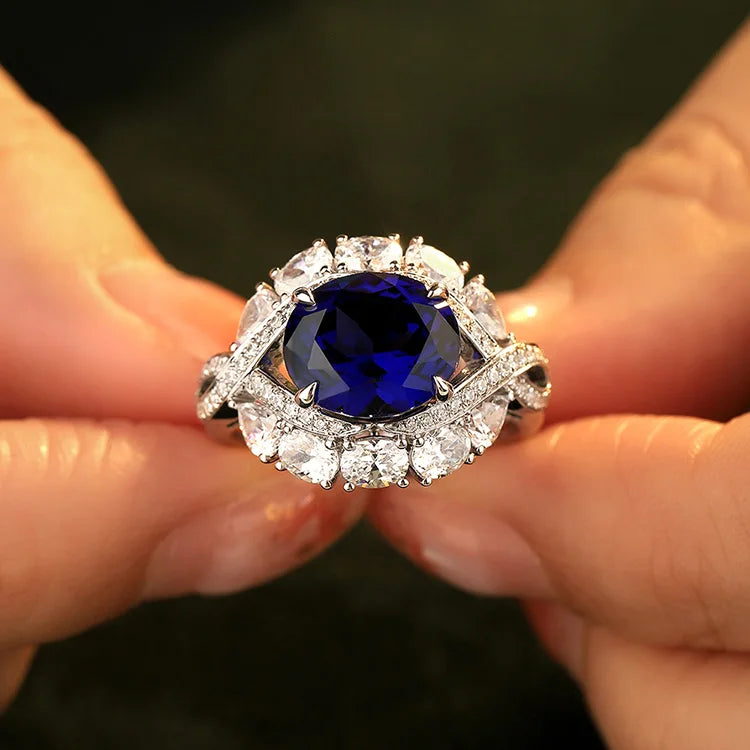 Gemfiori Anster Oval Cut Lab Made Diamonds and Ring S925 Sterling Silver Lab Created Blue Sapphire Women Ring