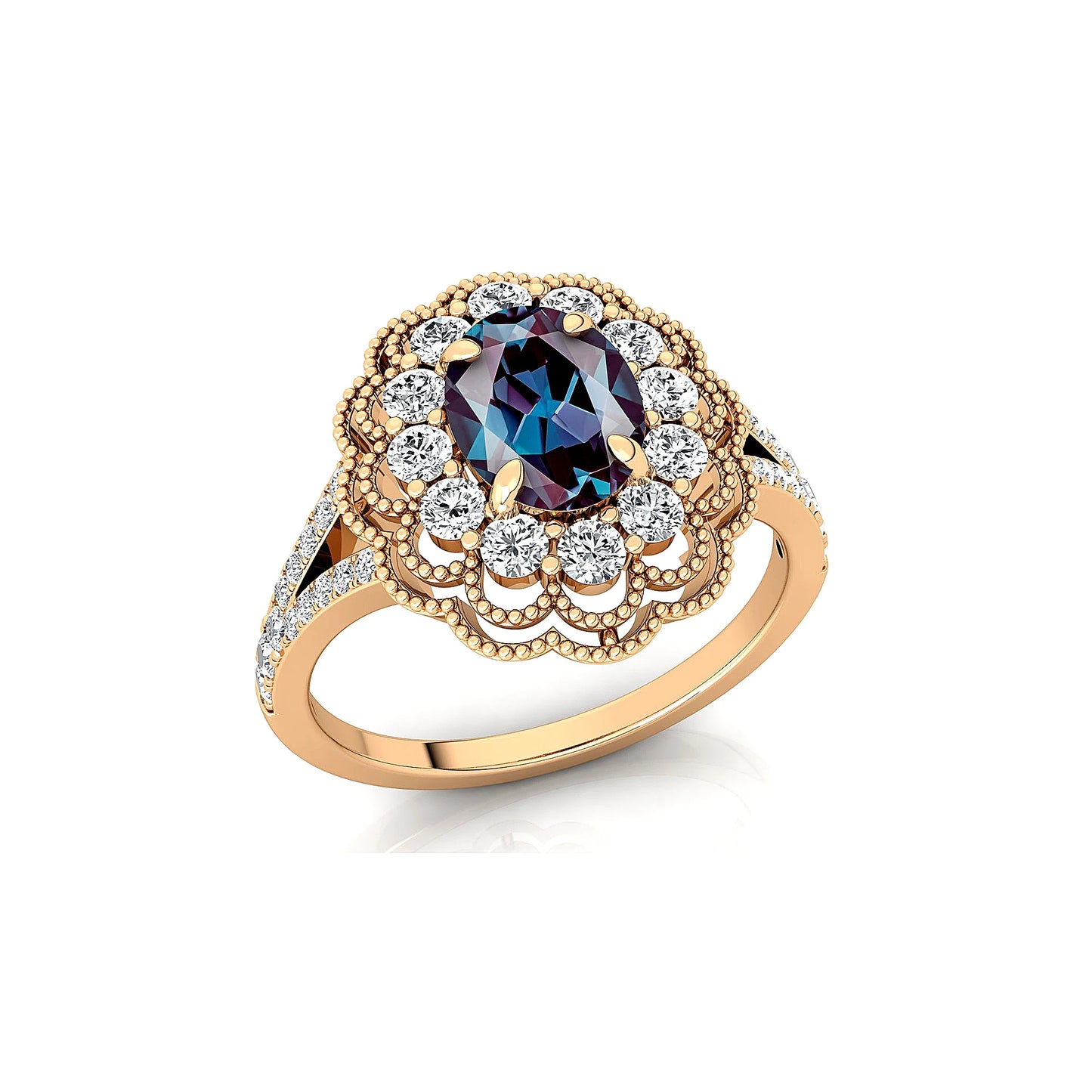 Oval Shape Lab Grown Alexandrite Gemstone Designer Dainty Rings Unisex 18k Solid Gold Studded Natural Diamonds Wedding Classic