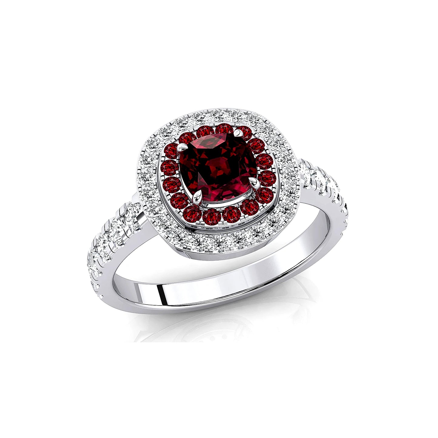 18kt Solid Gold 5mm Cushion Cut Natural Garnet Real Diamonds Rhodium Plated Prong Setting Halo Ring Fine Jewelry OEM Wholesale