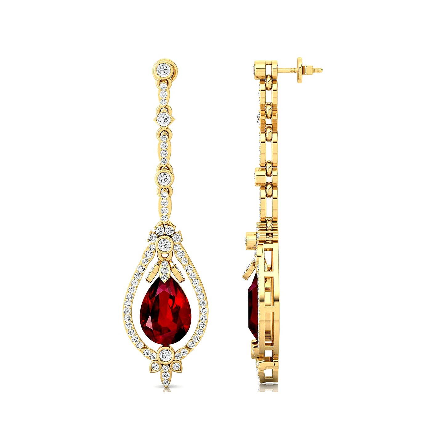 Flawless Design 18K Solid Gold Lab Ruby Gemstone Cute Engagement Wedding Party Gift Women Wear Diamond Dangle Drop Earrings Sets
