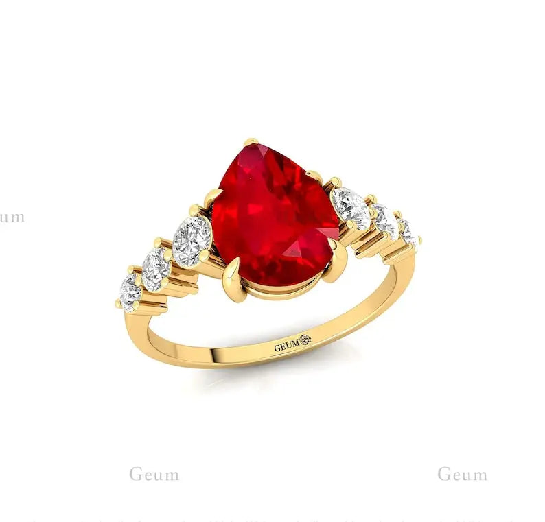 14K Pure Gold Lab Grown Ruby Gemstone & Diamond Band Solitaire Ring New Arrival Classic July Birthstone Party Anniversary Rings