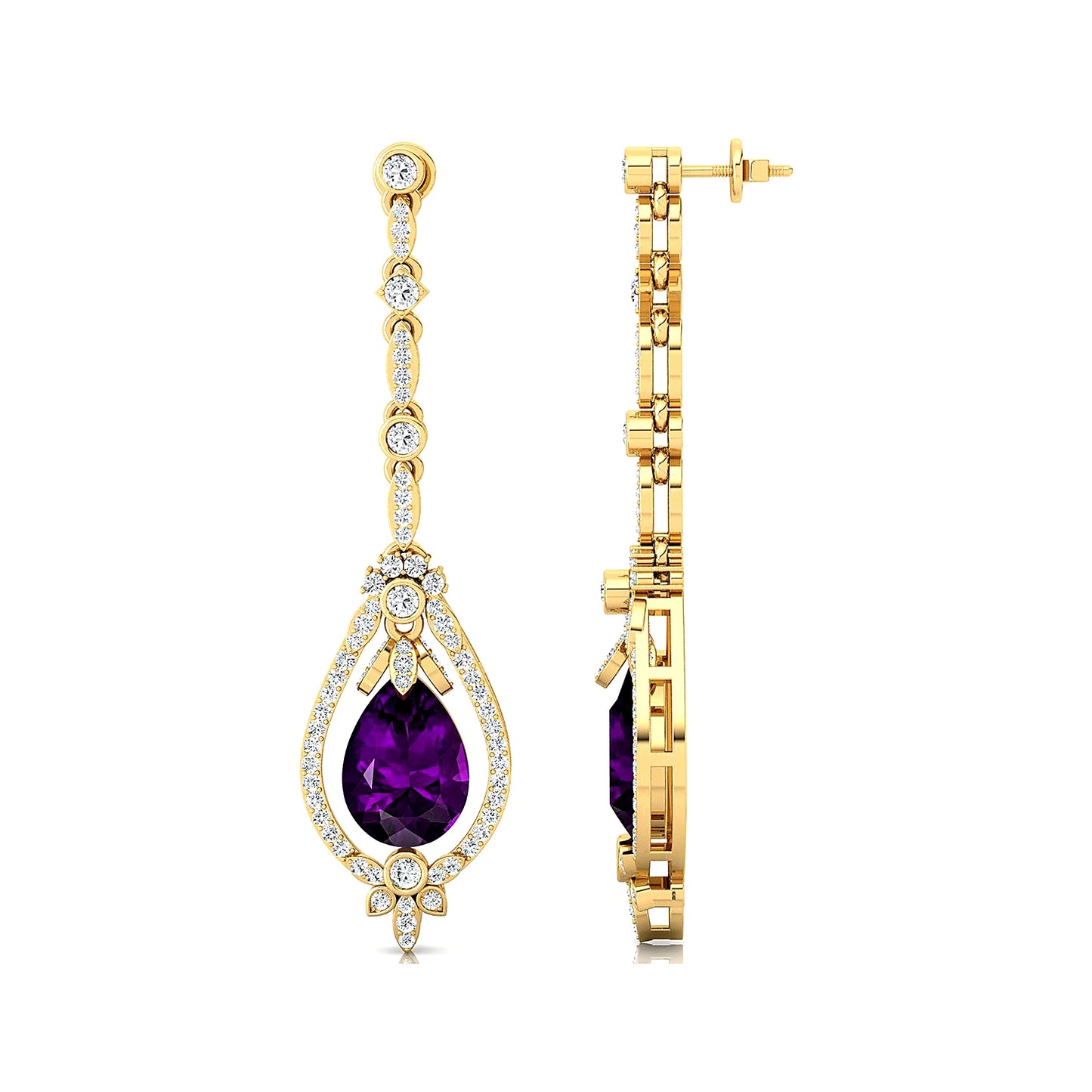 Trendy 18K Solid Gold Earrings Women's Beautiful Teardrop Accented Drop Earrings Natural Amethyst and Diamonds Halo Earrings