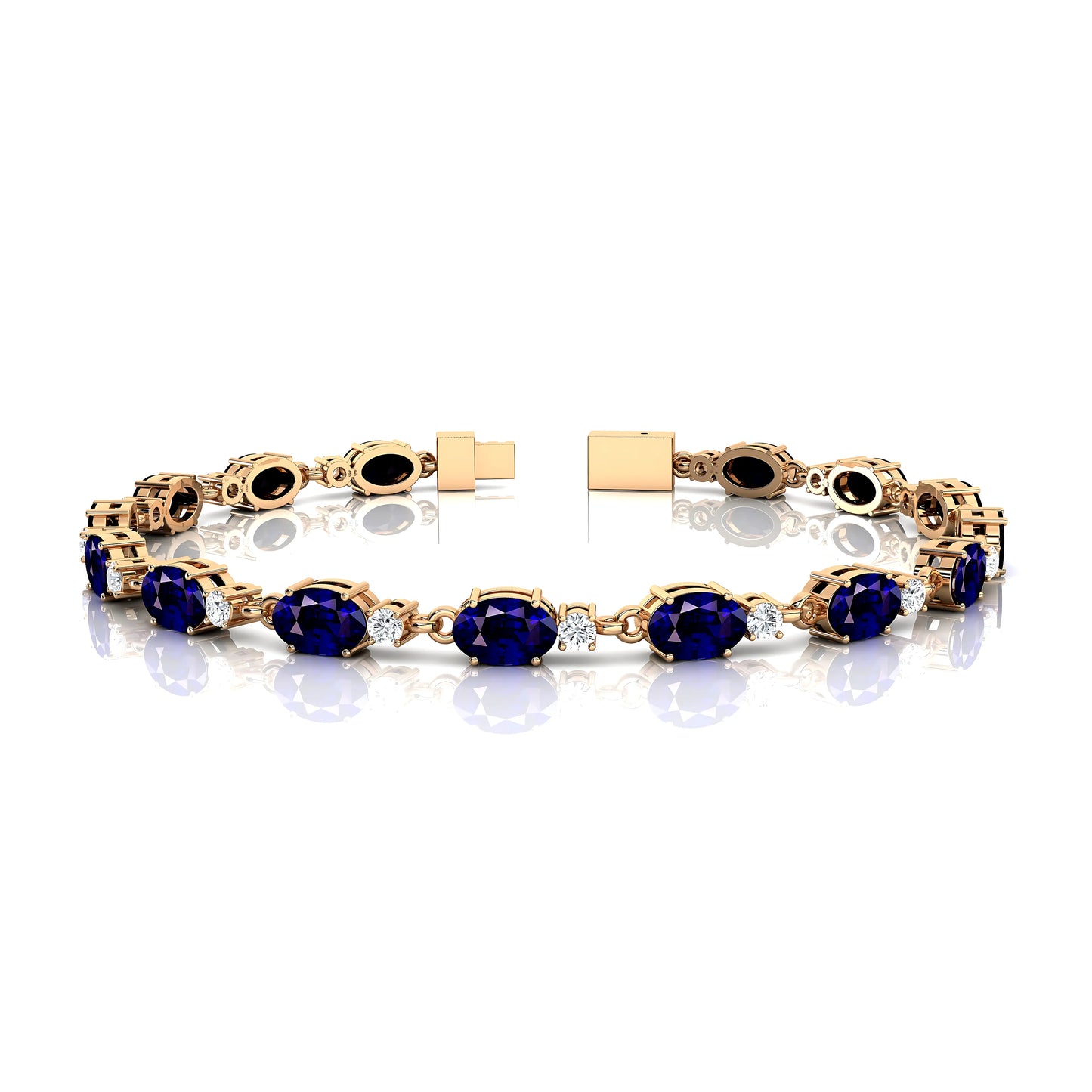 Trendy 14Kt Pure Gold Round Cut Diamond and Oval Cut Blue Sapphire Tennis Bracelet Dainty Elegant Blue Sapphire Tennis Bracelet