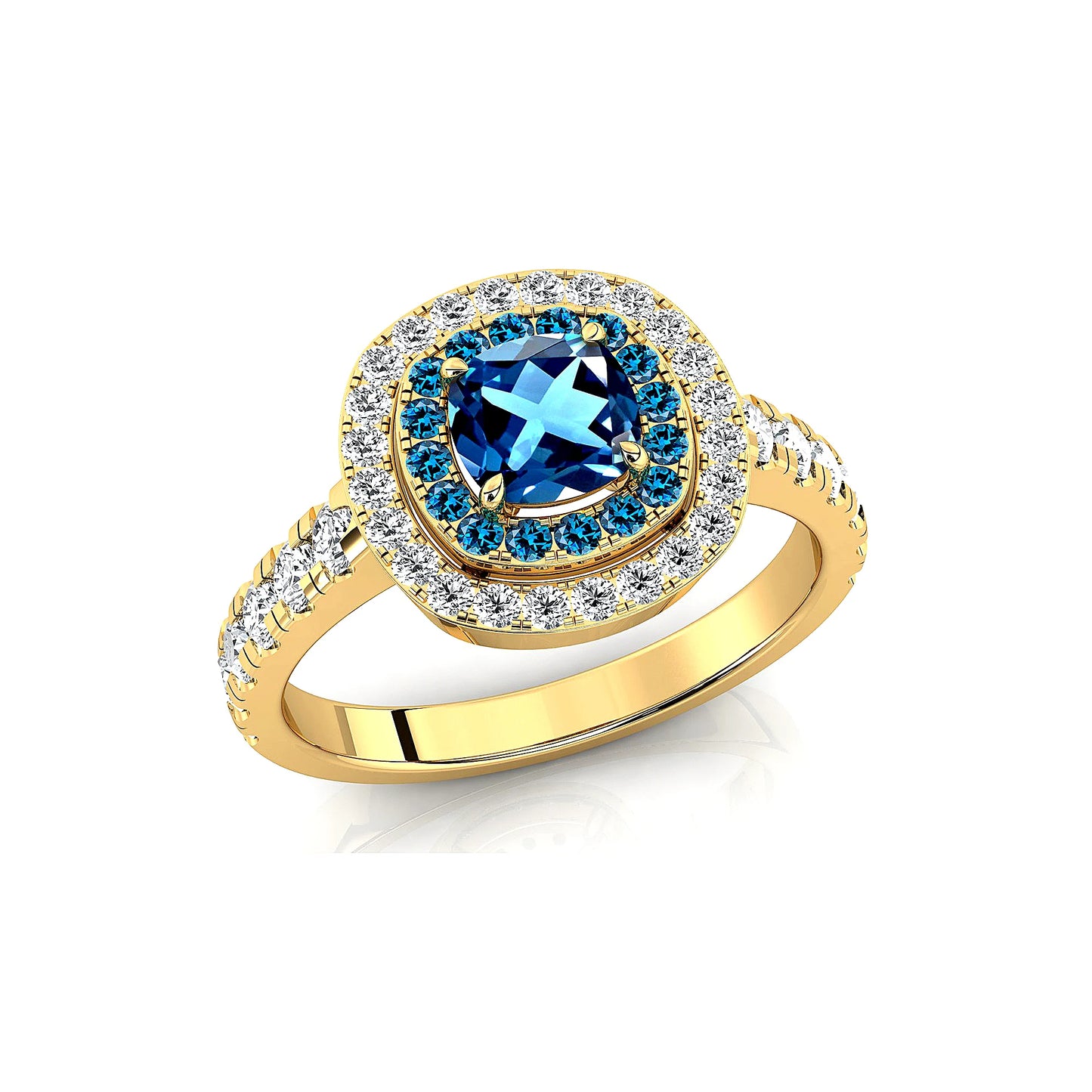 14k Solid Gold Rings Natural London Blue Topaz Real Diamonds Classic Wedding Halo Ring Rhodium Plated Women Jewelry Gift For Her