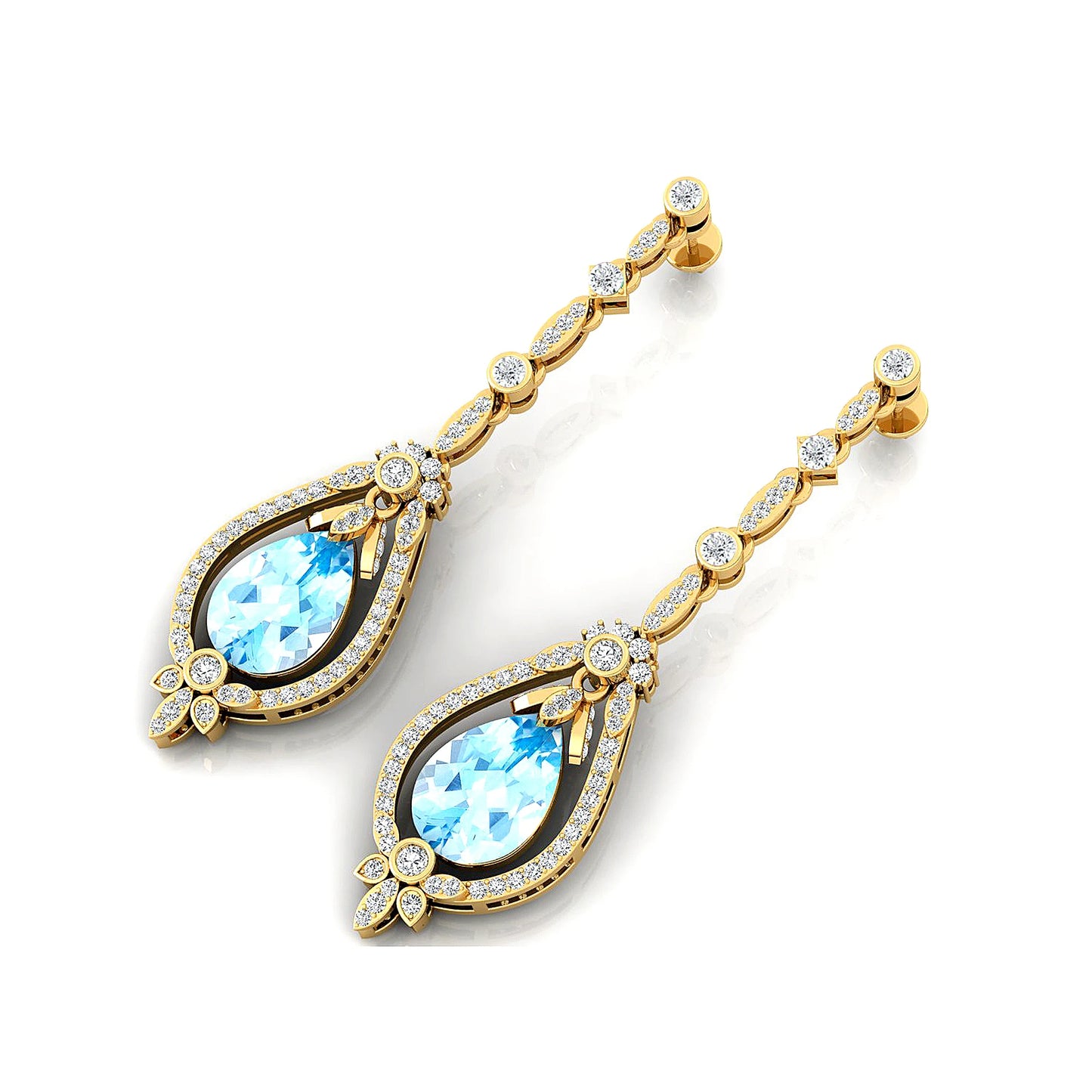 Solid Gold Women's Dangle Drop Earrings Natural Aquamarine Real White Diamond Wedding Engagement Party Gift Bulk ODM Rhodium