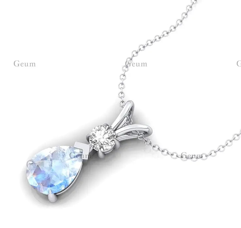 Pear Shape Rainbow Moonstone & Real Diamond Teardrop Shape Pendant 14k Gold Pendant Prong Set Pendant Jewelry Wholesale