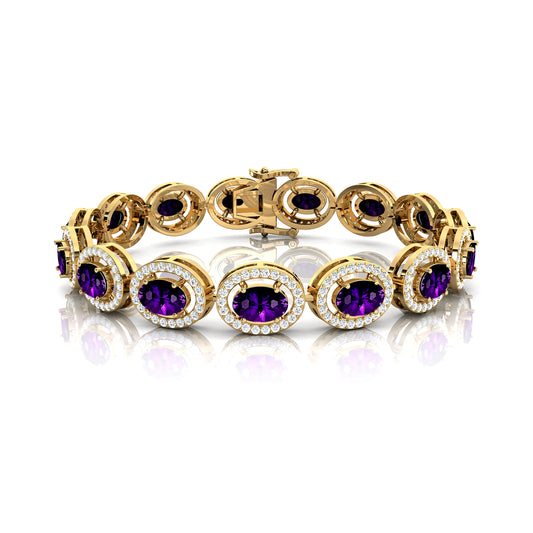14K Gold Luxury Amethyst & Diamond Women's Tennis Bracelet Trendy Purple Oval Cut Amethyst Prong Set Tennis Link Chain Bracelets