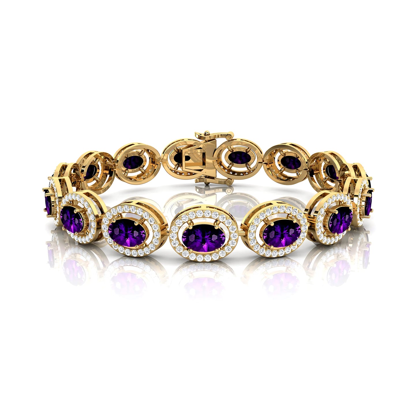 14K Gold Luxury Amethyst & Diamond Women's Tennis Bracelet Trendy Purple Oval Cut Amethyst Prong Set Tennis Link Chain Bracelets