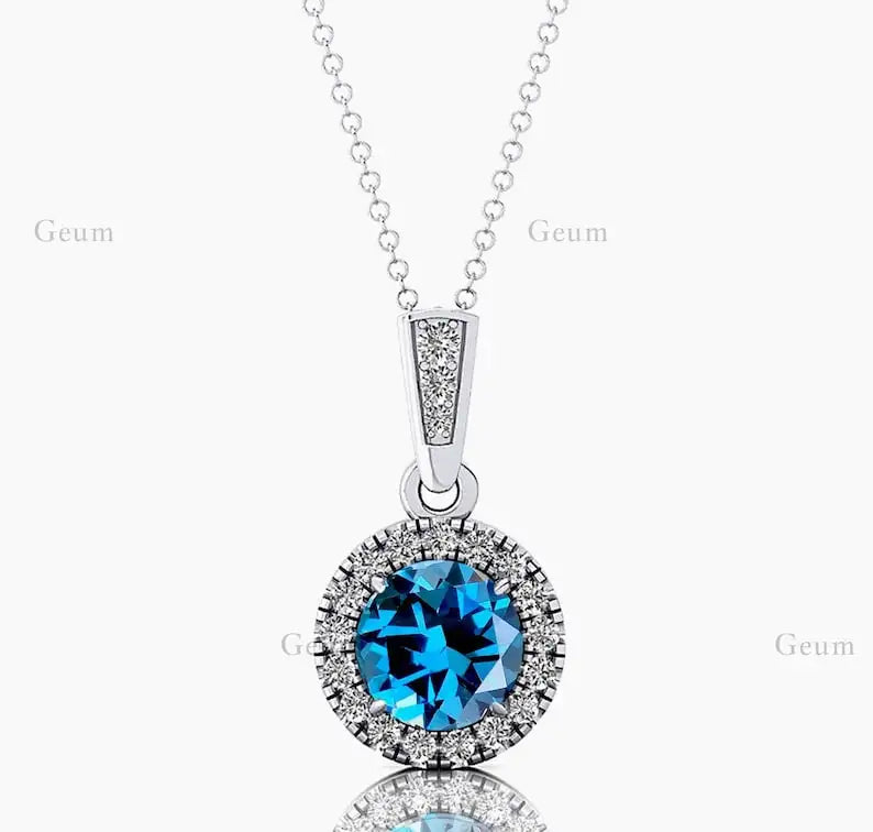 Exquisite Halo Style Natural London Blue Topaz Gemstone & Genuine Diamonds 14k White Gold Charm Pendant Necklace For Mother Gift