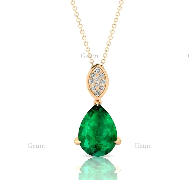Timeless Design Lab Grown Emerald Pear Shape Prong Setting Cute Style 18k Yellow Gold Jewelry Diamond Pendant Wedding Gift