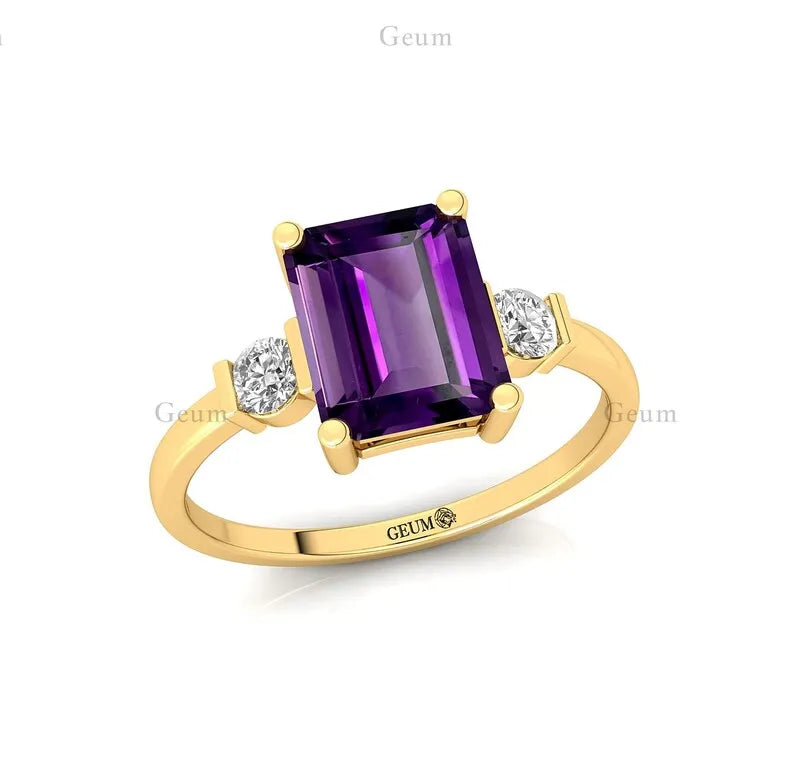 Customized 14k 18k Solid Yellow Gold 7x9 Emerald Cut Amethyst Gemstone Rings for Wedding and Gift Occasions