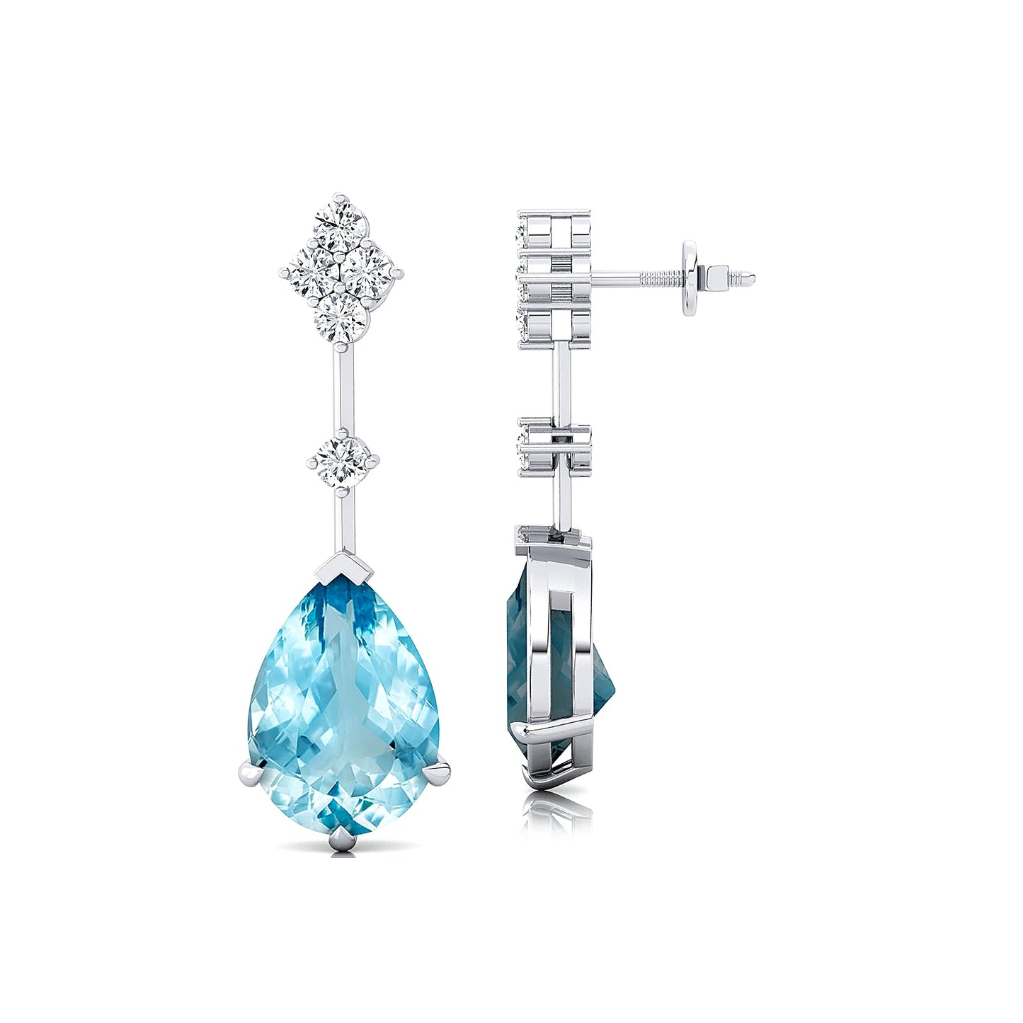 Pear Shaped Natural Aquamarine Gemstone With Real Diamonds Cute Designer Stud Earrings Solid 18k Gold Rhodium Plated Jewelry