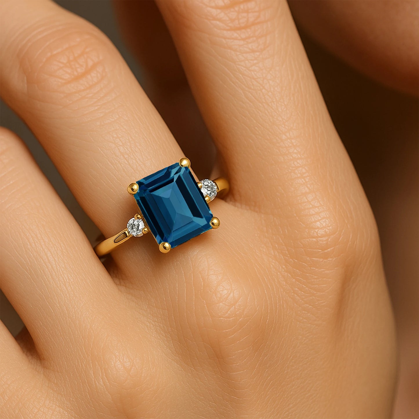 Best Selling Emerald Cut Natural London Blue Topaz Gemstone Real Diamond Classic Halo Solitaire Wedding Ring 18k Solid Gold