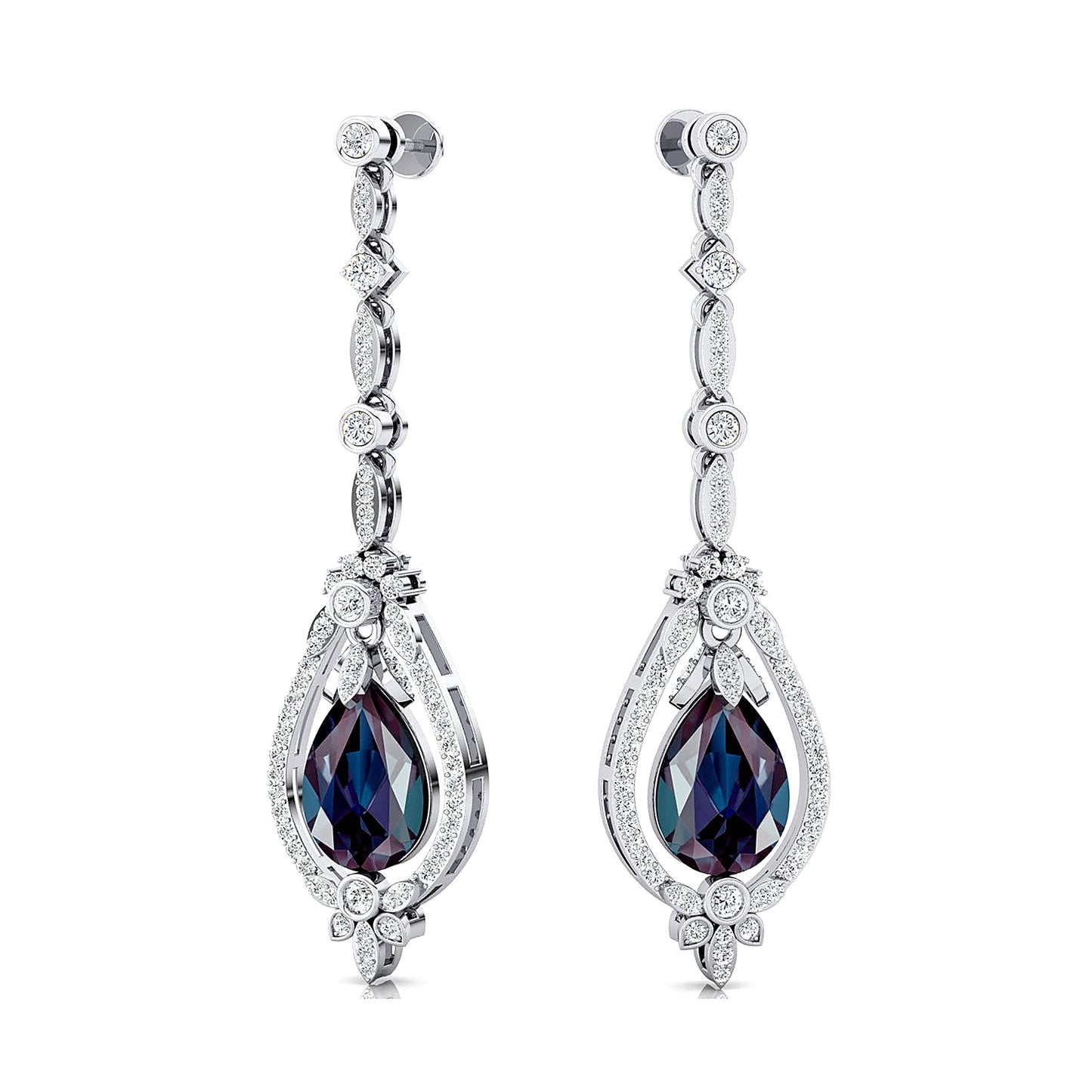 Lab Grown Alexandrite Gemstone Dainty Earrings Gift 18k Solid Gold Rhodium Plated Real Diamonds Luxurious Dangle Halo Earrings