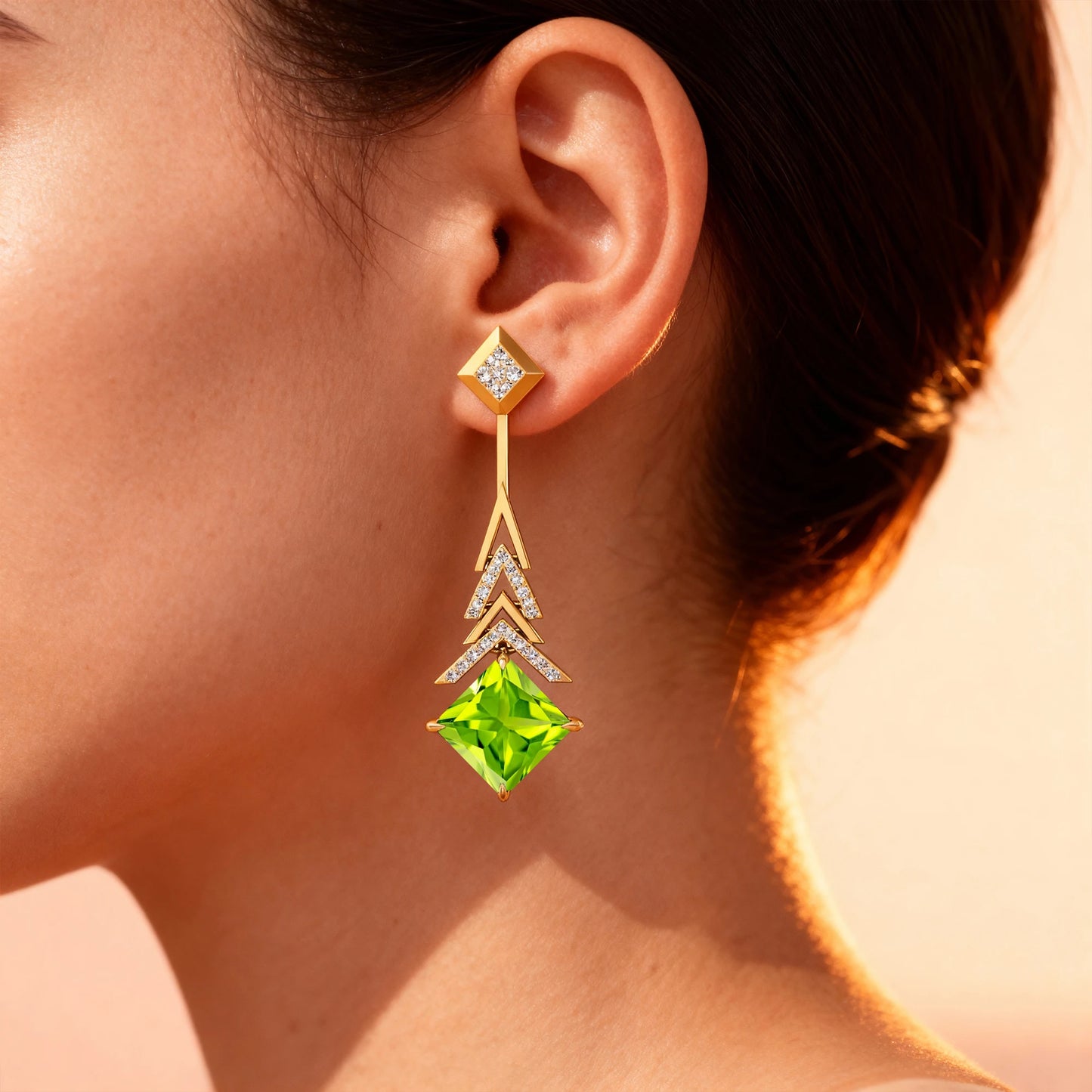 Premium Quality 18K Solid Gold Dangle Drop Earrings Natural Peridot Gemstone Real Diamonds Wedding Party Rhodium Plated Bulk OEM