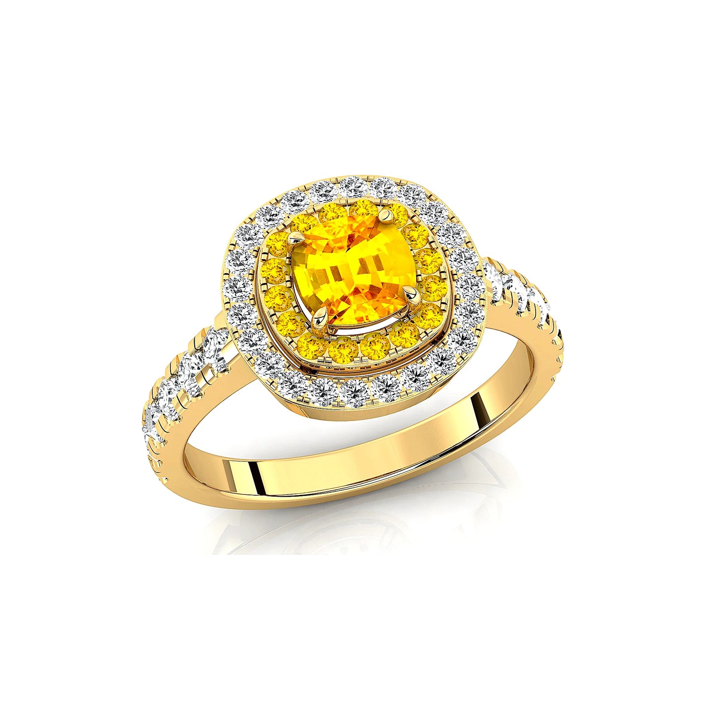 18K Pure Gold Lab Grown Yellow Sapphire Stone and Natural Diamonds Classic Engagement Double Halo Ring Wedding Fine Ring Jewelry