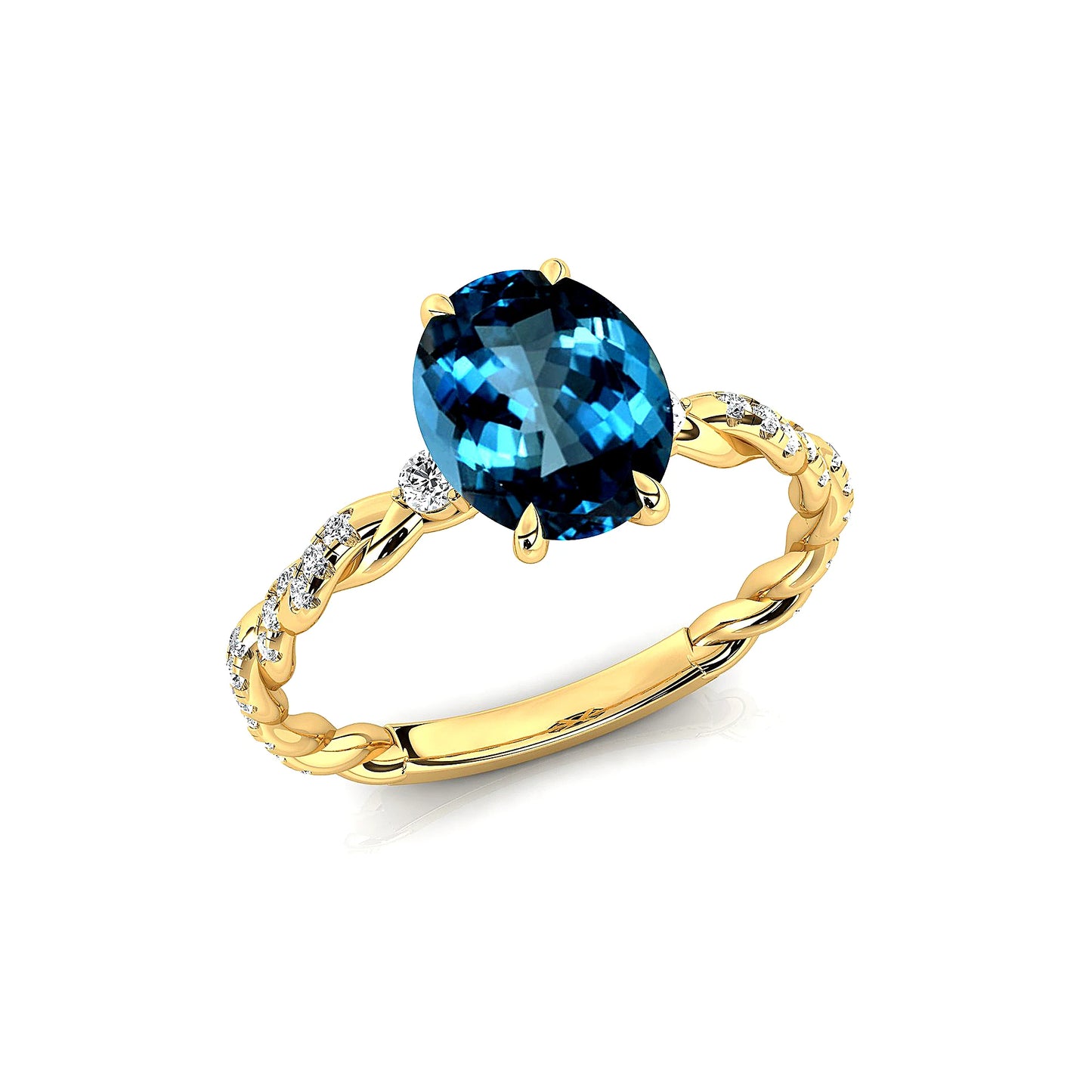 18k Solid Gold Adorned Oval Cut Natural London Blue Topaz Gemstone Real White Diamonds Cluster Wedding Classic Rings OEM ODM