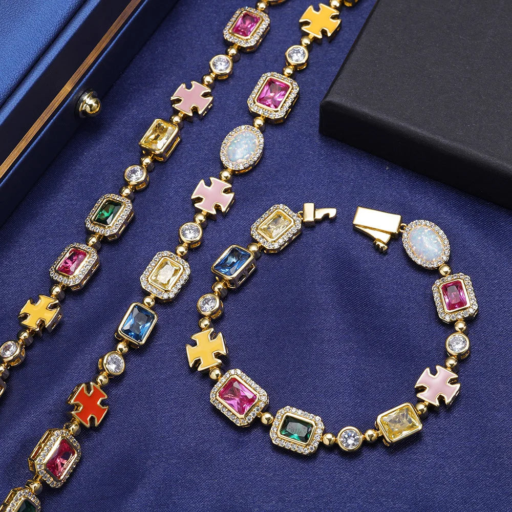 BiG-BOSS Colorful CZ Link Bracelet Men Luxury Gemstone Chain Women Necklace Hip Hop Accessories Custom Supplier Gift Collection