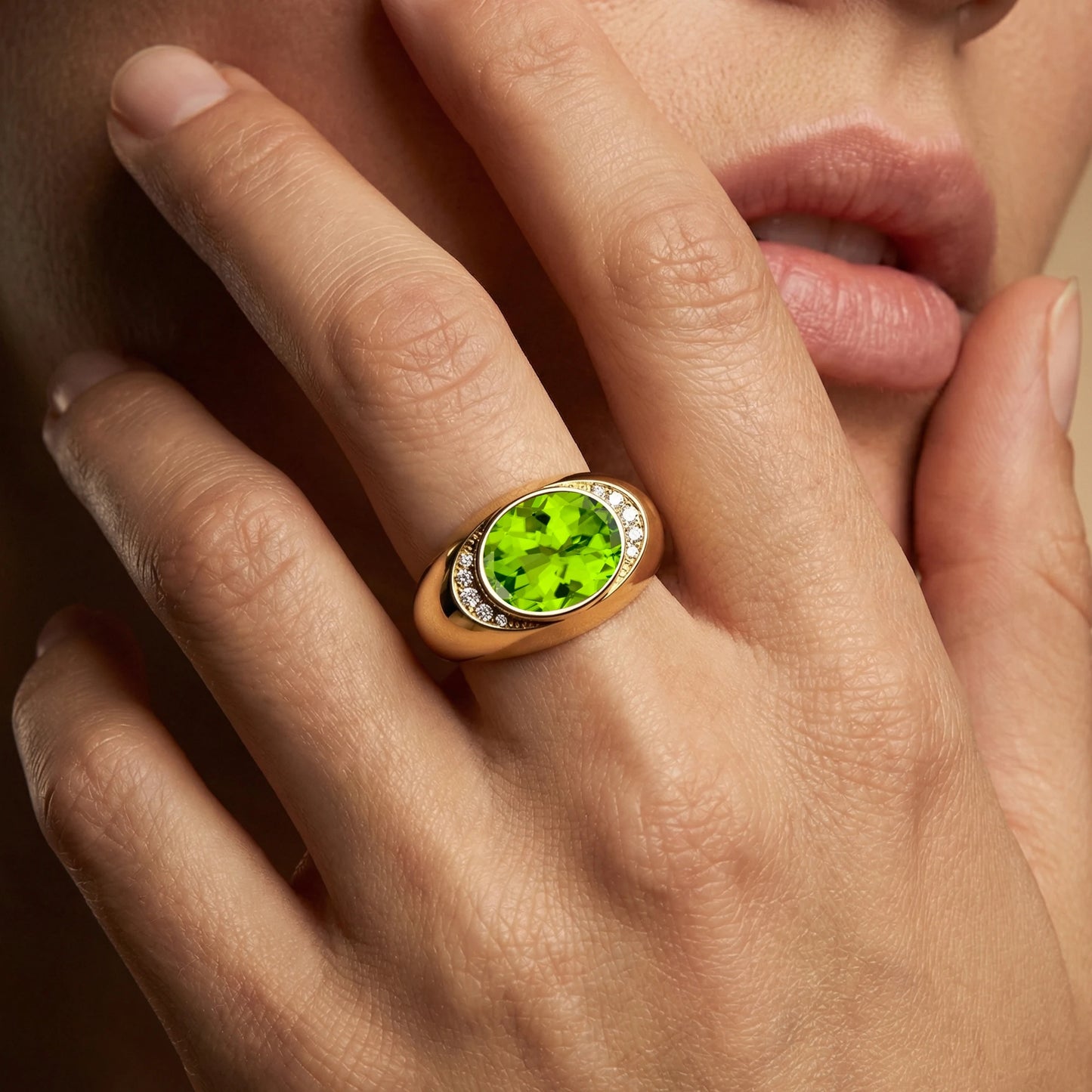 18k Solid Gold Signet Rings Natural Peridot Gemstone Bezel Setting Rhodium Plated Ring With Natural Diamonds Rings Gift For Wife