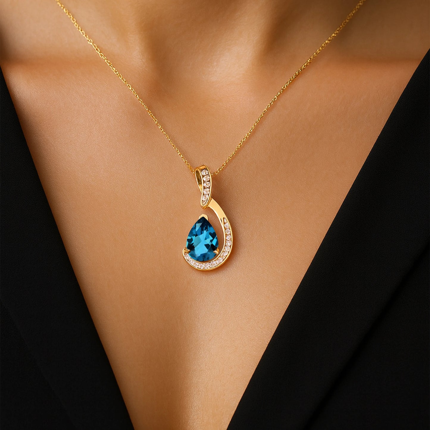 Natural London Blue Topaz Gemstone 18Kt Yellow Gold Charm's Pendant Necklace Real Diamonds Cute Rhodium Plated Fine Jewelry