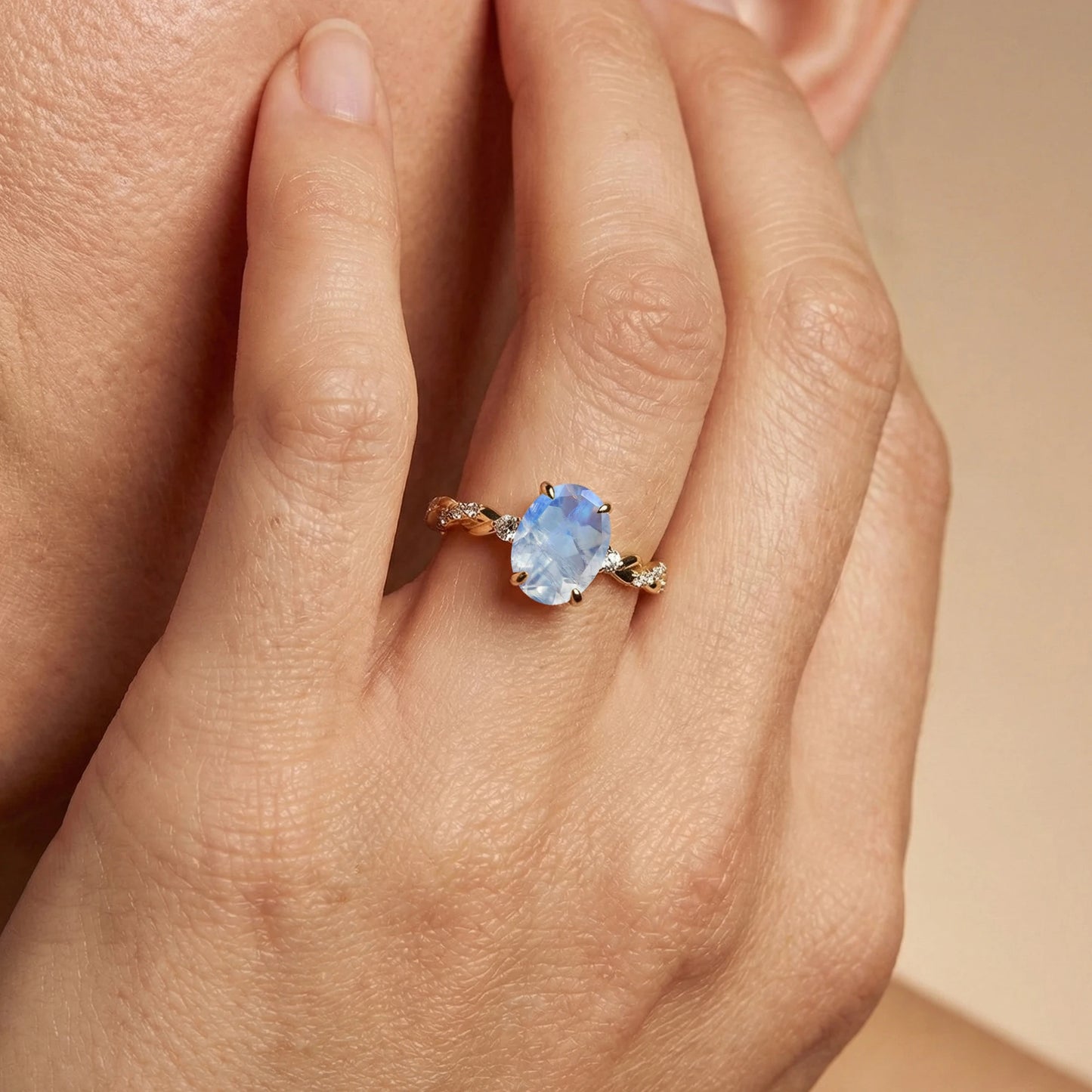 Natural Rainbow Moonstone Real Pave Diamonds Solitaire Twisted Ring 18kt Solid Gold Rhodium Plated Prong Set Bridal Party Rings