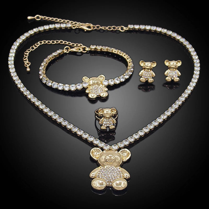 Zhuerrui Crystal Big Teddy Bear I Love You Jewelry Sets 18 Karat Brazil's Golden Hug and Kiss Girls Teddy Fine Jewelry Set X0071