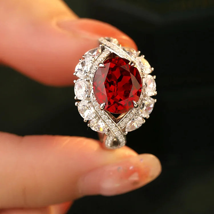 Gemfiori Anster Oval Cut Lab Created Ruby Women Ring Lab Made Diamonds and Ring S925 Sterling Silver