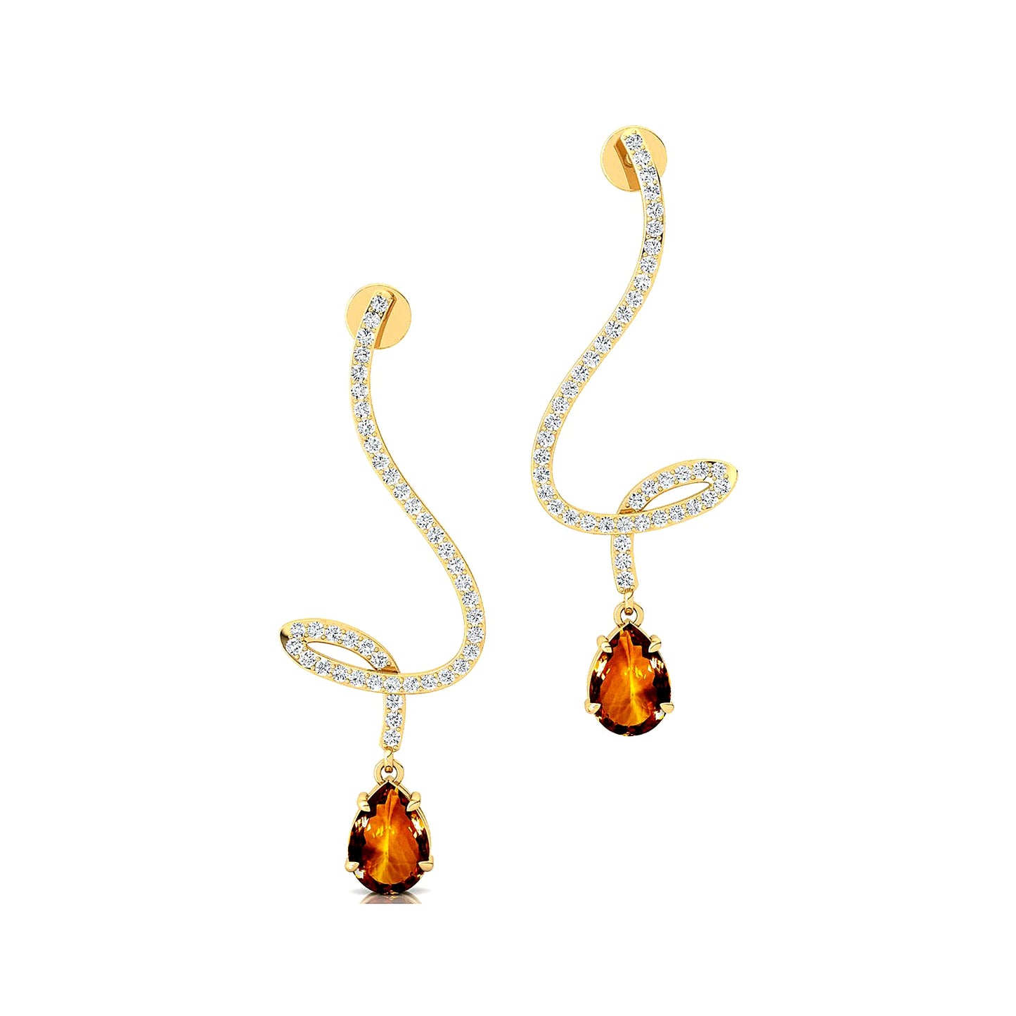 Trendy 18k Solid Gold Dangling Drop Earrings Studs Pear Cut Natural Citrine Gemstone & Real Diamonds Wedding Gift Earrings