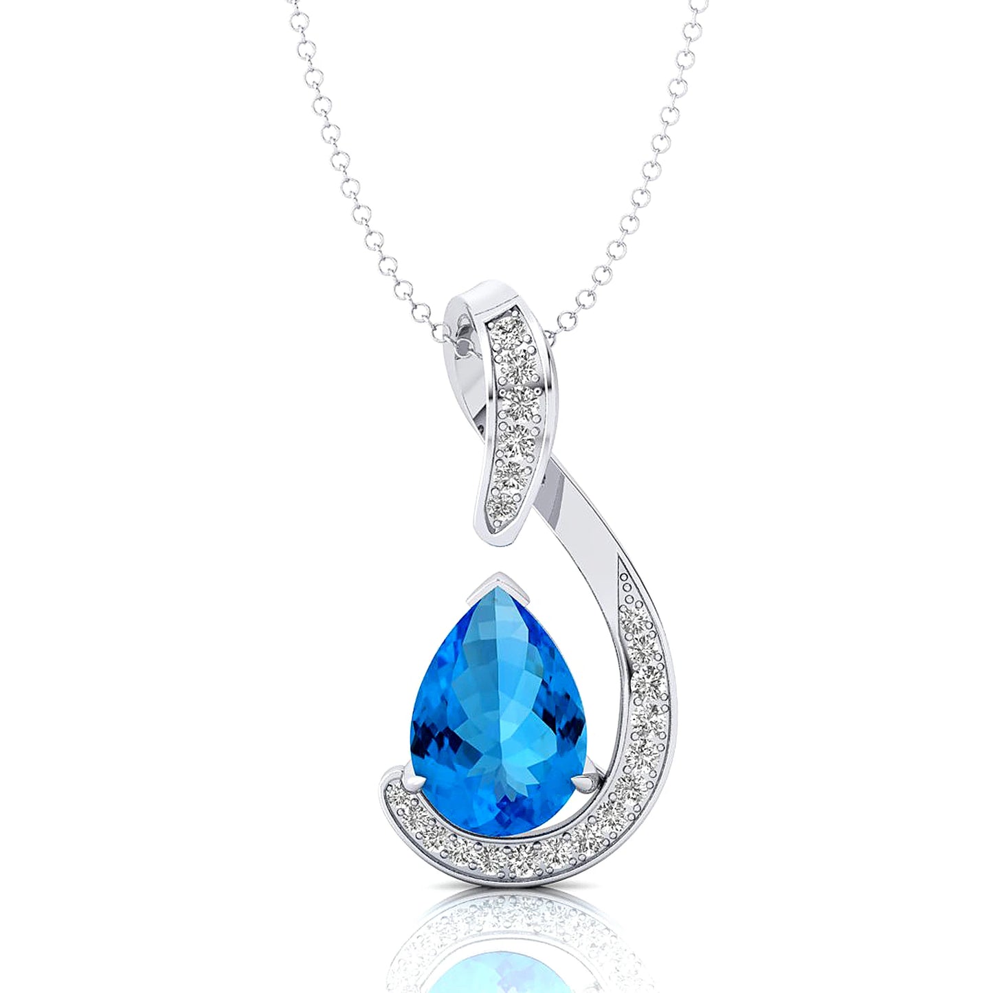 14k Solid Gold Pendant Natural Swiss Blue Topaz Stone & Diamonds Pendant Necklace For Women Wedding Pendant Gift For Wife