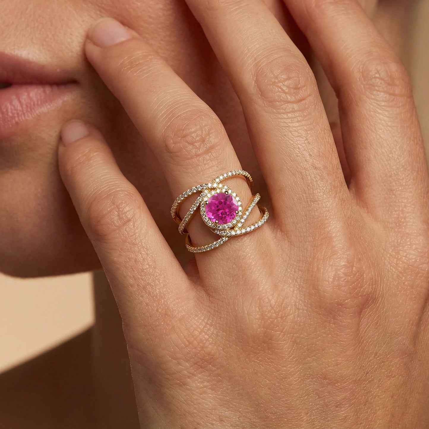 18k Solid Gold Handmade Dainty Rings Adorned Cut Lab Grown Pink Sapphire Gemstone Real Diamonds Rhodium Plated Wedding Bulk OEM