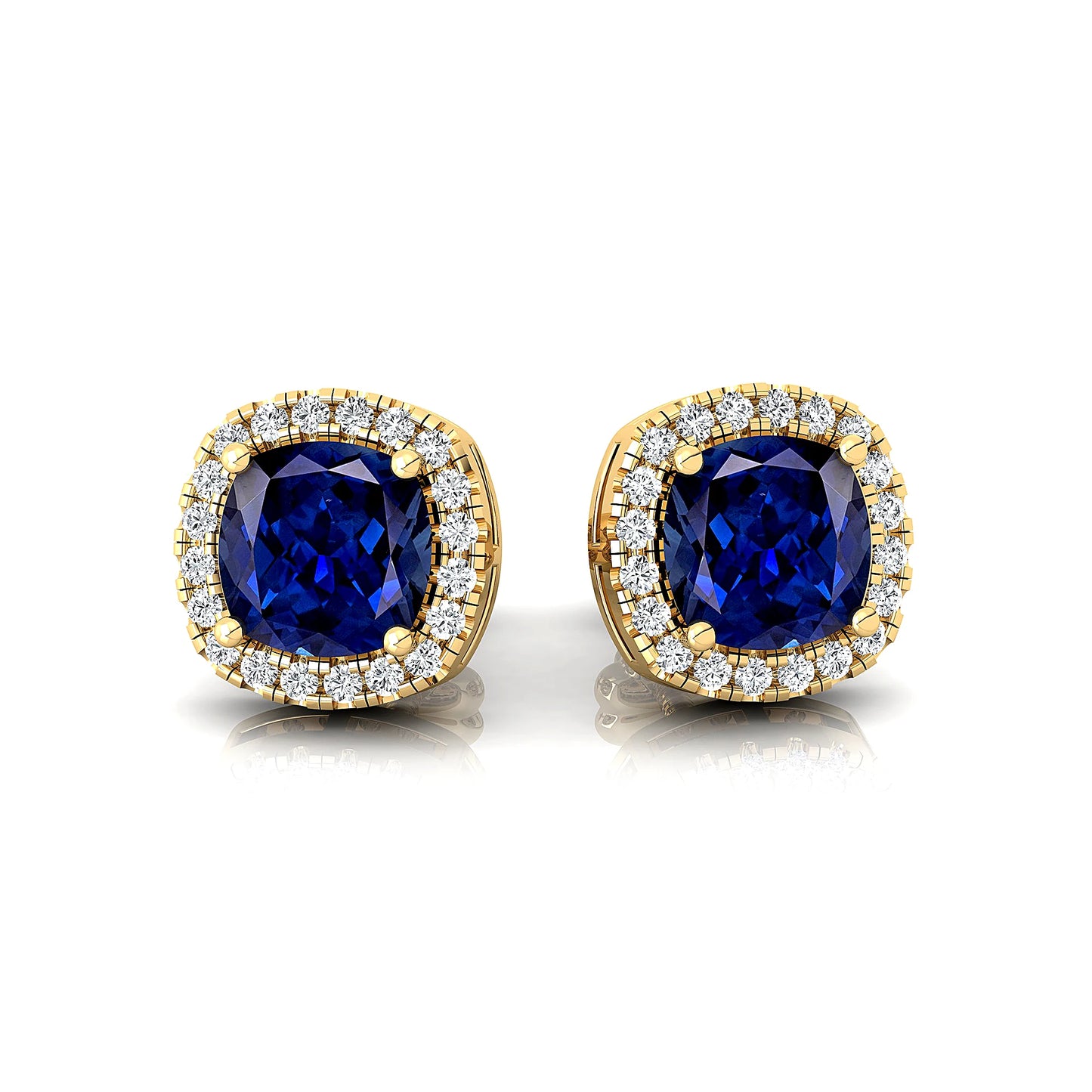 Handmade 18K Solid Gold Stud Earrings Lab Blue Sapphire Gemstone with Real Diamonds Cute Gift Statement Bridal Wedding Jewelry
