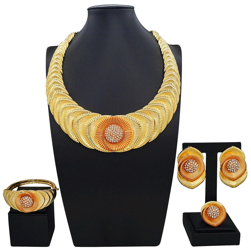Zhuerrui Italian Gold Plated Jewelry Set Layered Fan Gradient Floral Crystal Necklace Earrings Bracelet Ring Women Party I00001