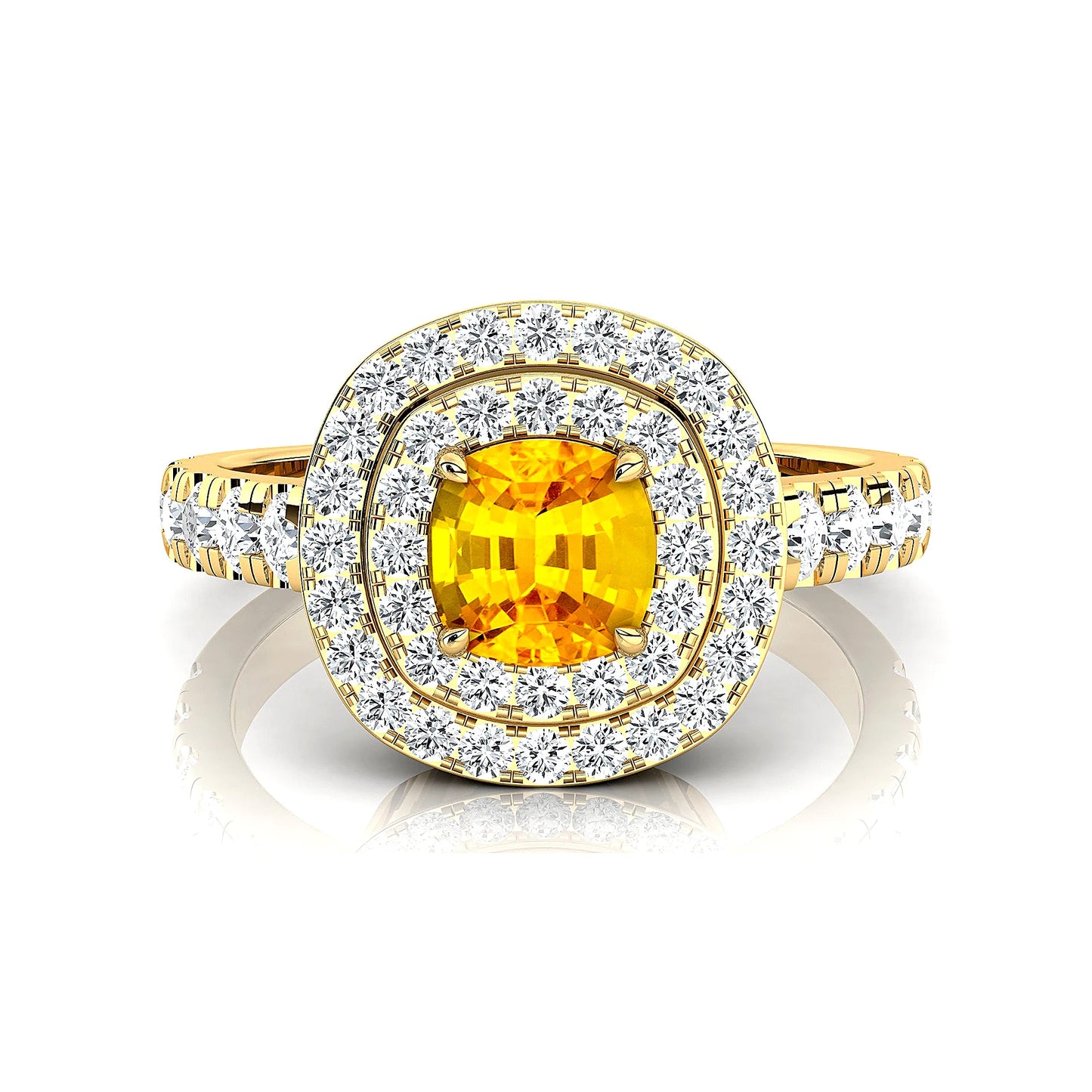 18K Pure Gold Lab Grown Yellow Sapphire Stone and Natural Diamonds Classic Engagement Double Halo Ring Wedding Fine Ring Jewelry