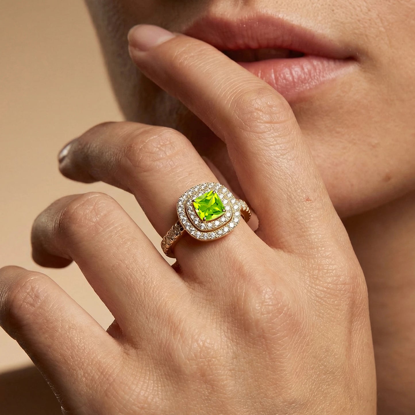 18kt Solid Gold Natural Peridot & Diamonds Rhodium Plated Classic Engagement Wedding Rings Fine Jewelry Valentine's Day Gifts