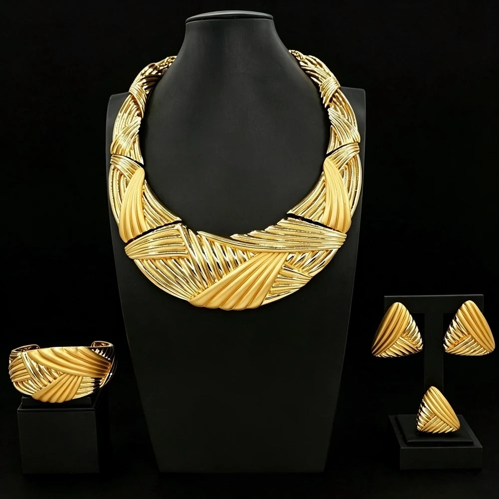 Zhuerrui African Italian Gold Plated Jewelry Set Bold Ribbed Twisted Geometric Choker for Women Wedding Banquet I0057