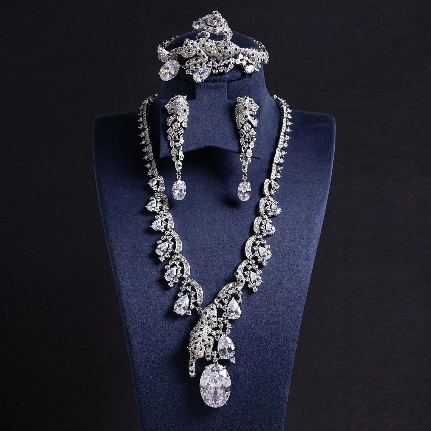 Famous Brand Leopard Design 4pcs Jewelry Sets Luxury Aqua Blue Zirconia Gorgeous Leopard Necklace 4Pcs Wedding Jewelry Sets