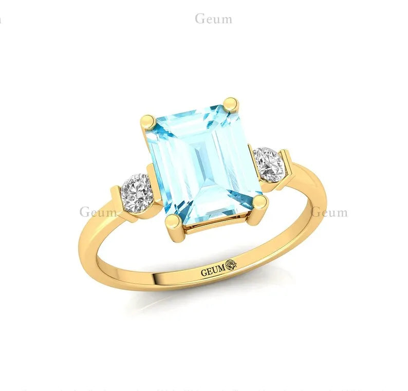 Aquamarine Engagement Ring Vintage 18k Gold March Birthstone Wedding Cluster Natural Diamond Women Party Drop Shipping