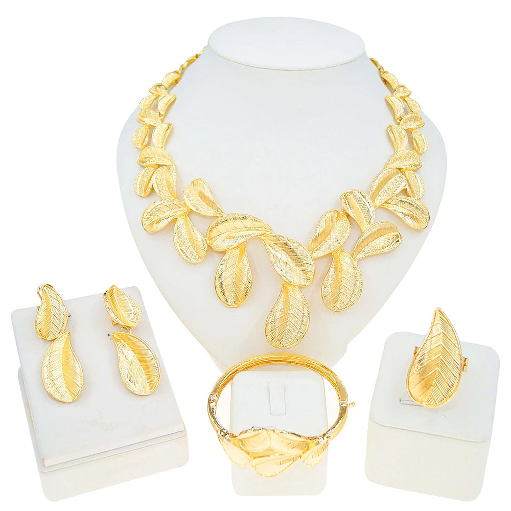 Zhuerrui Italian Gold Plated Jewelry Set for Women Leaf Shape Textured Pattern Necklace Earrings Bracelet Ring Party I0000420