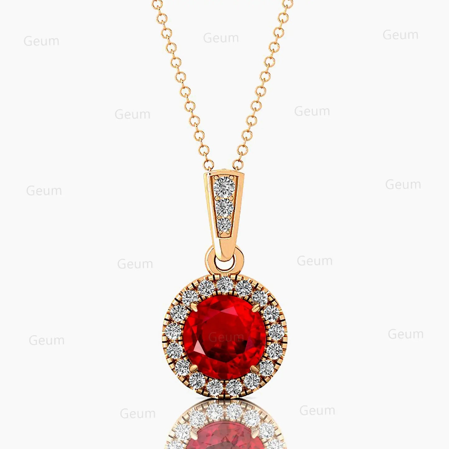 14k Solid Gold Lab Grown Ruby Gemstone Halo Pendant Diamond Necklace Round Shape Fine Jewelry Lab Ruby Gemstone Pendant Jewelry