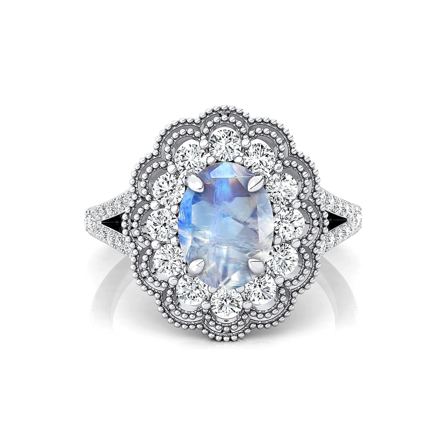 18kt Solid Gold Rhodium Plated Prong Set Certified Fine Jewelry Rings Natural Rainbow Moonstone Real Diamond Luxurious OEM Rings