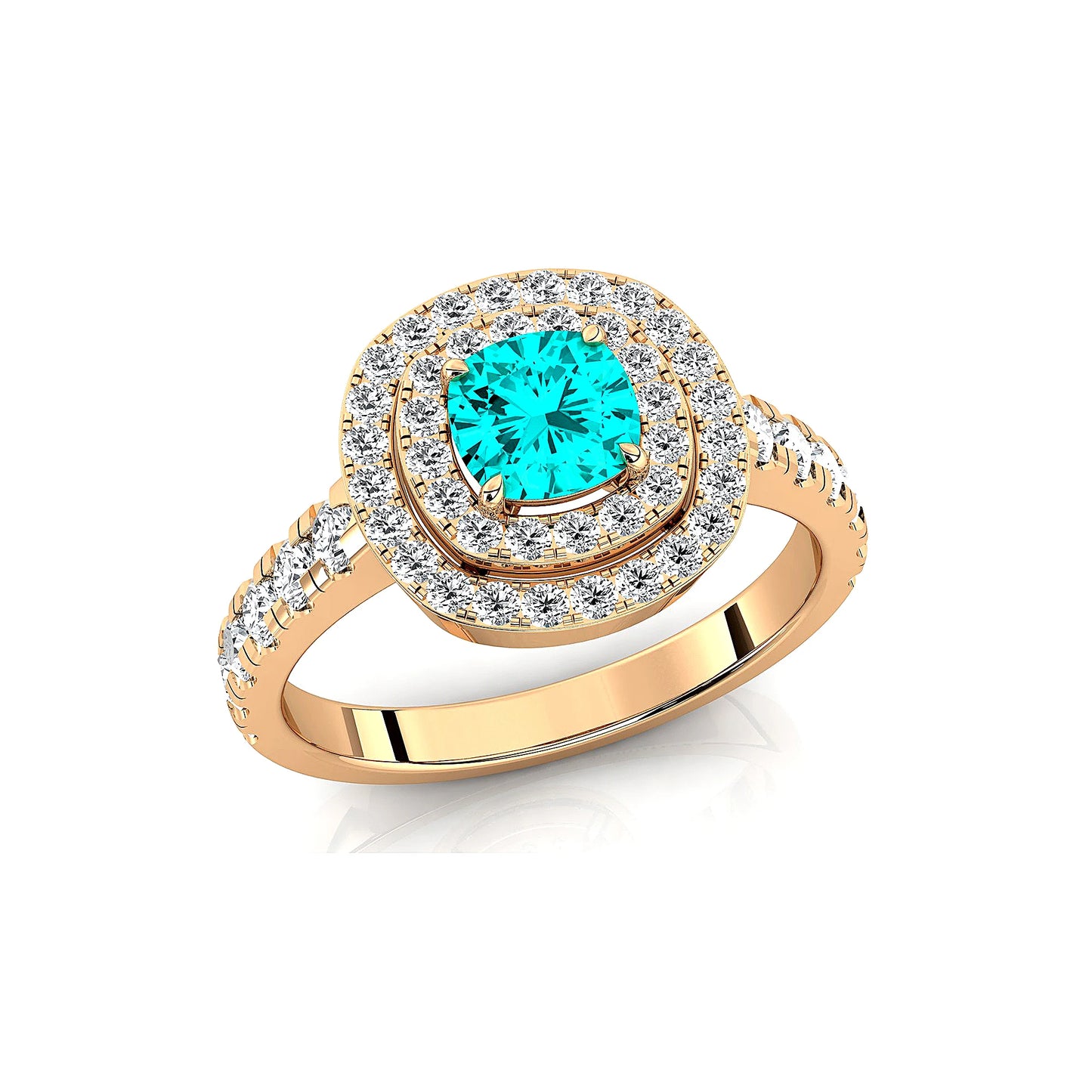 18kt Solid Gold Lab Grown Paraiba Tourmaline Real Diamond Classic Wedding Double Halo Ring Rhodium Plated Fine Jewelry For Gift