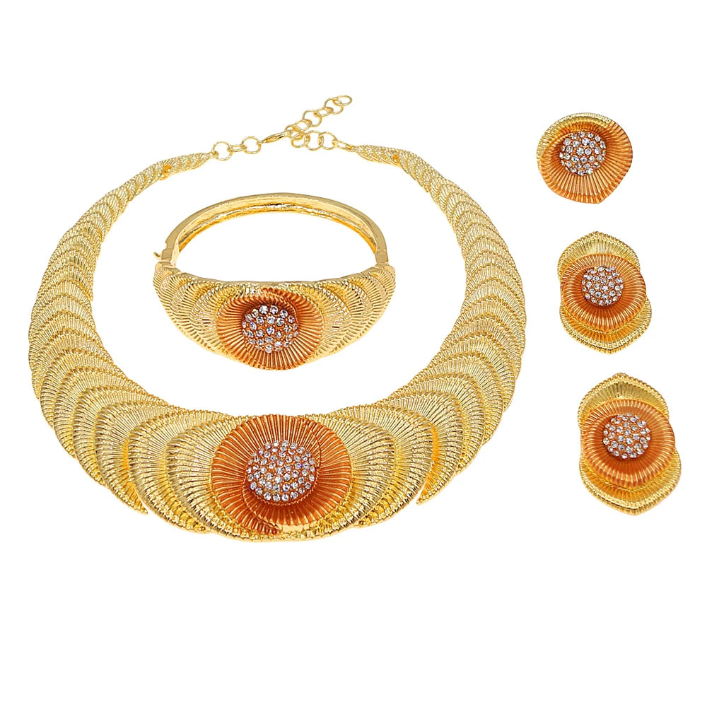 Zhuerrui Italian Gold Plated Jewelry Set Layered Fan Gradient Floral Crystal Necklace Earrings Bracelet Ring Women Party I00001