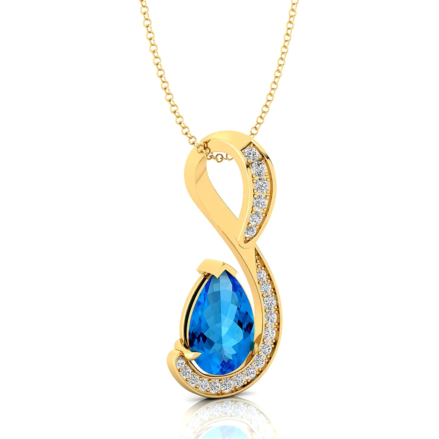 14k Solid Gold Pendant Natural Swiss Blue Topaz Stone & Diamonds Pendant Necklace For Women Wedding Pendant Gift For Wife