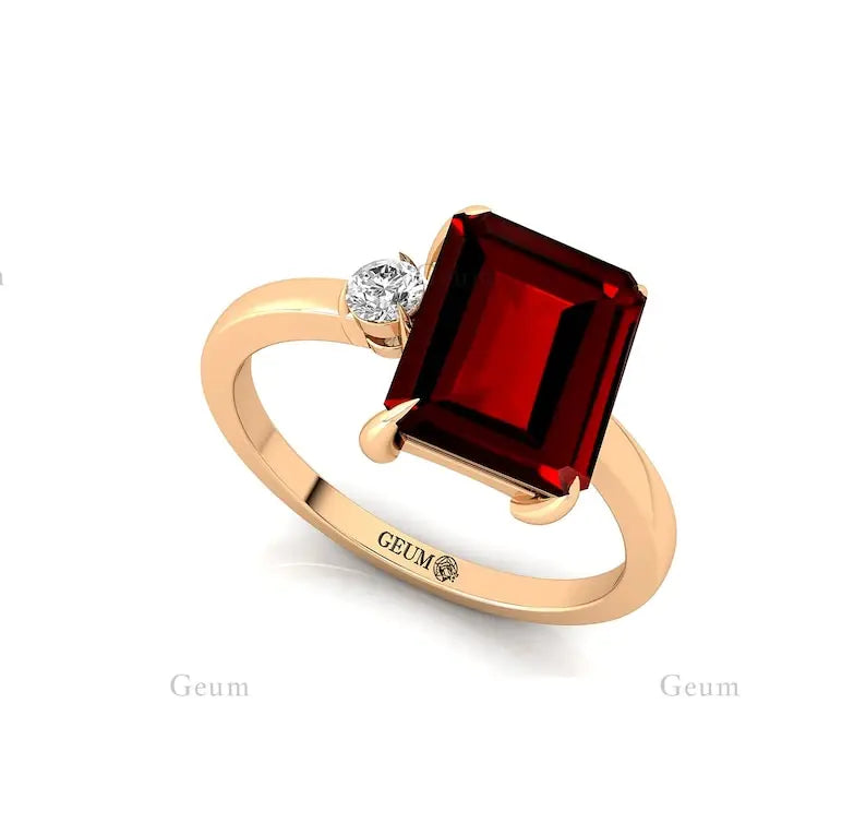 Emerald Cut Red Garnet Gemstone Solid Gold Rhodium Plated Ring Brilliant Cut Diamond Luxury Engagement Wedding Party Gift
