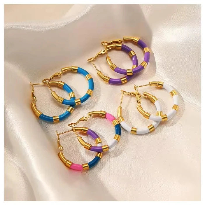 Colorful Oil-Dripping Stainless Steel Hoop Earrings Unique Simple Geometric Round Design 18K Gold-Plated for Ladies