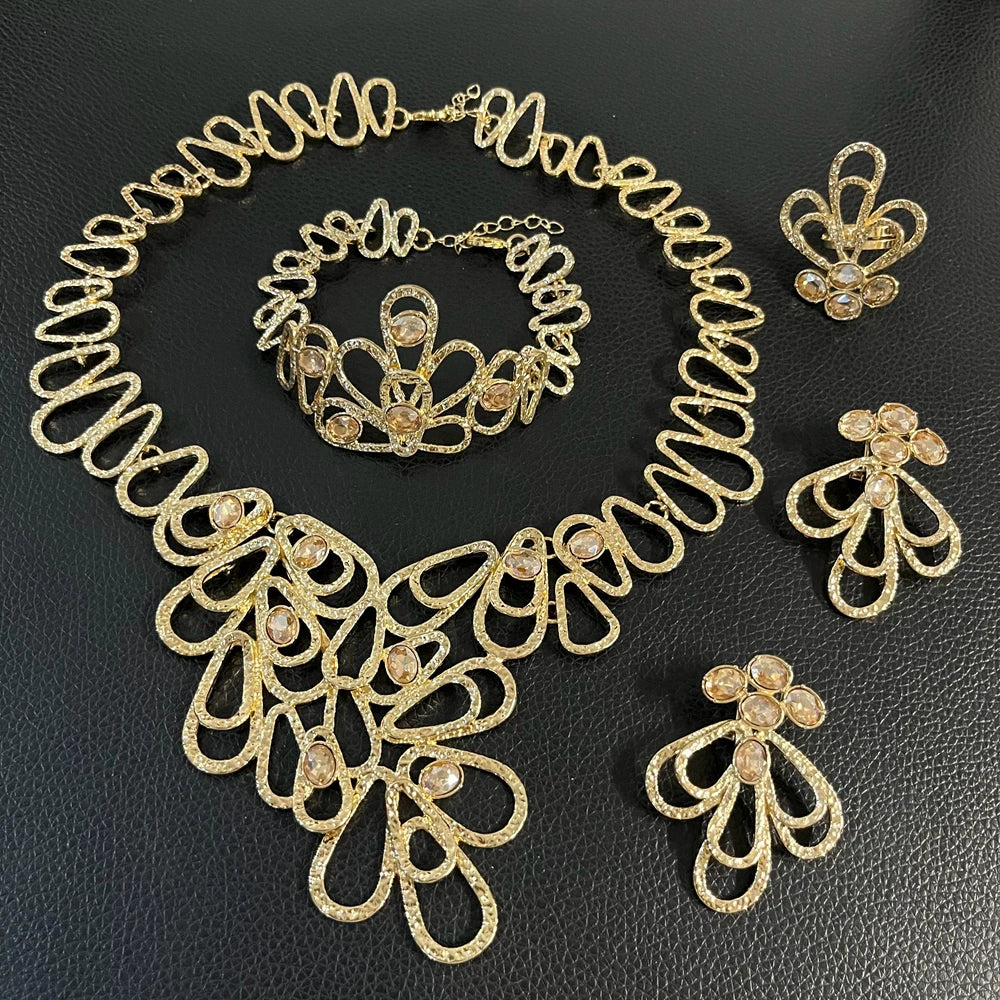 Zhuerrui Brazilian Gold Plated Jewelry Set Hollow Water Drop Floral Crystal Necklace Earrings Bracelet Ring Women Party I0001220