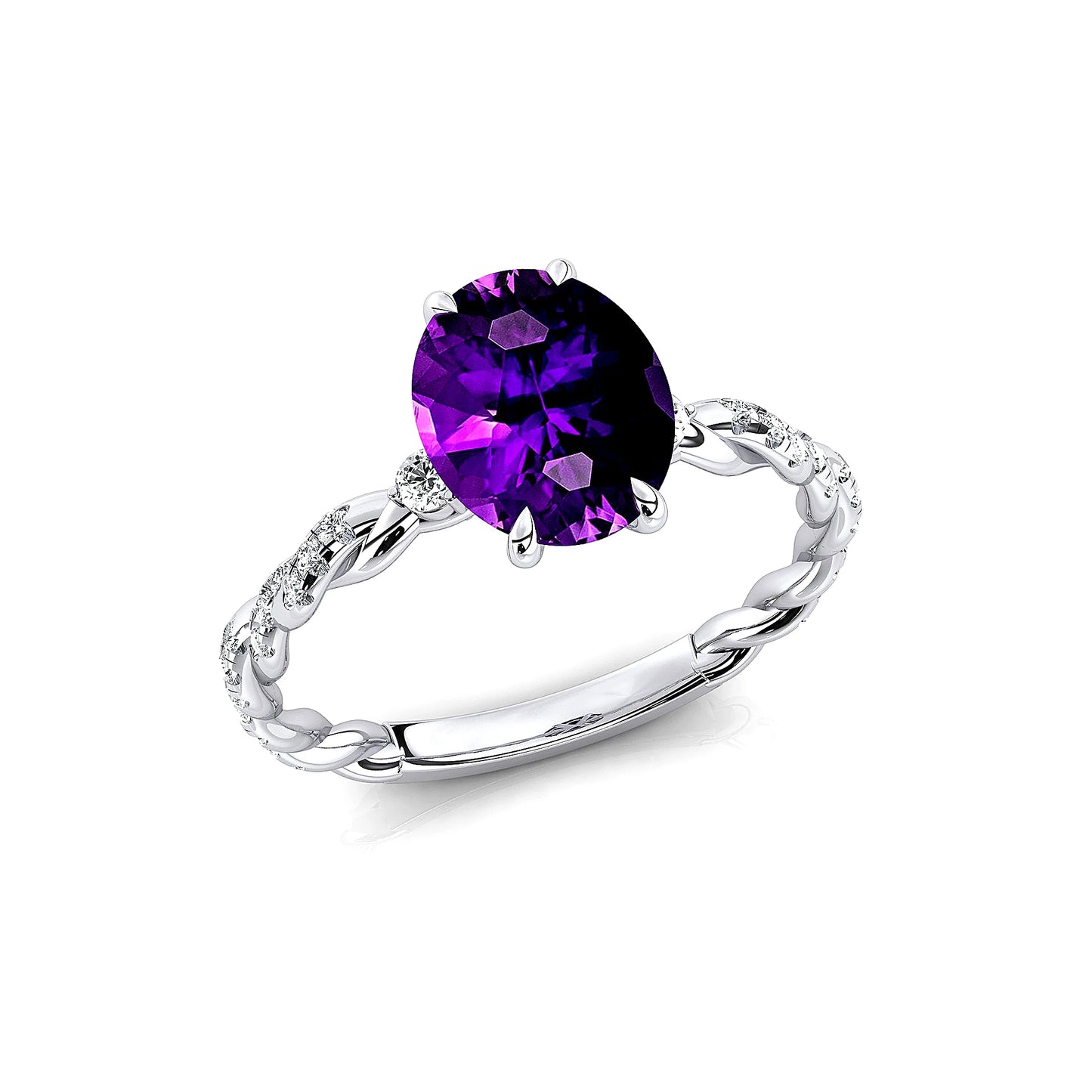 Luxurious Design Classic Rhodium Plated Women's Unique Amethyst Gemstone Real Diamonds Wedding Anniversary Rings 14k Solid Gold