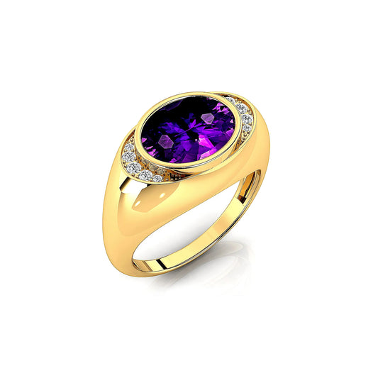 Oval Cut Natural Amethyst Gemstone Ring With 10 Real Diamonds Classic Wedding Engagement Party Ring Solid 14K Gold Rhodium Rings