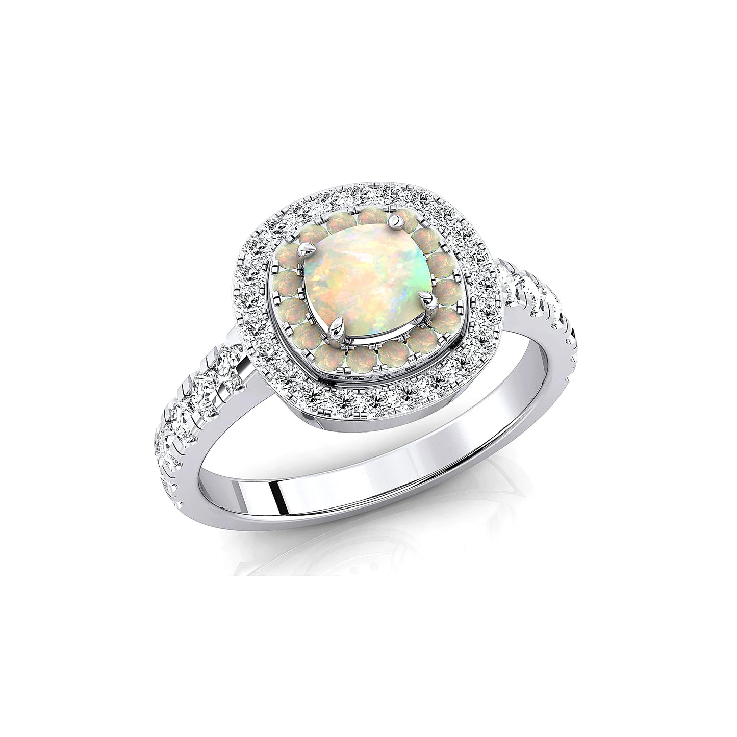 18kt Solid Gold Rings Natural Ethiopian Opal & Real White Diamonds Rhodium Plated Wedding Solitaire Halo Ring Fine Jewelry